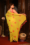 Mahalakshmi ~ Pure Mul Cotton Handloom Saree with Beautiful Floral Embroidery ~ Yellow - verymuchindian.com