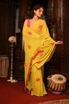 Mahalakshmi ~ Pure Mul Cotton Handloom Saree with Beautiful Floral Embroidery ~ Yellow - verymuchindian.com