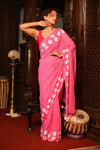 Mahalakshmi ~ Pure Mul Cotton Handloom Saree with Beautiful Floral Handpaint ~ Pink - verymuchindian.com