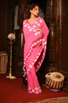 Mahalakshmi ~ Pure Mul Cotton Handloom Saree with Beautiful Floral Handpaint ~ Pink - verymuchindian.com