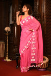 Mahalakshmi ~ Pure Mul Cotton Handloom Saree with Beautiful Floral Handpaint ~ Pink - verymuchindian.com