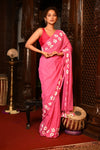 Mahalakshmi ~ Pure Mul Cotton Handloom Saree with Beautiful Floral Handpaint ~ Pink - verymuchindian.com