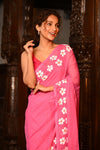 Mahalakshmi ~ Pure Mul Cotton Handloom Saree with Beautiful Floral Handpaint ~ Pink - verymuchindian.com