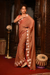 Mahalakshmi ~ Pure Mul Cotton Handloom Saree with Beautiful Floral Handpaint ~ Rusty Orange - verymuchindian.com