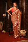 Mahalakshmi ~ Pure Mul Cotton Handloom Saree with Beautiful Floral Handpaint ~ Rusty Orange - verymuchindian.com