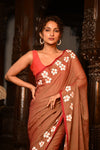 Mahalakshmi ~ Pure Mul Cotton Handloom Saree with Beautiful Floral Handpaint ~ Rusty Orange - verymuchindian.com