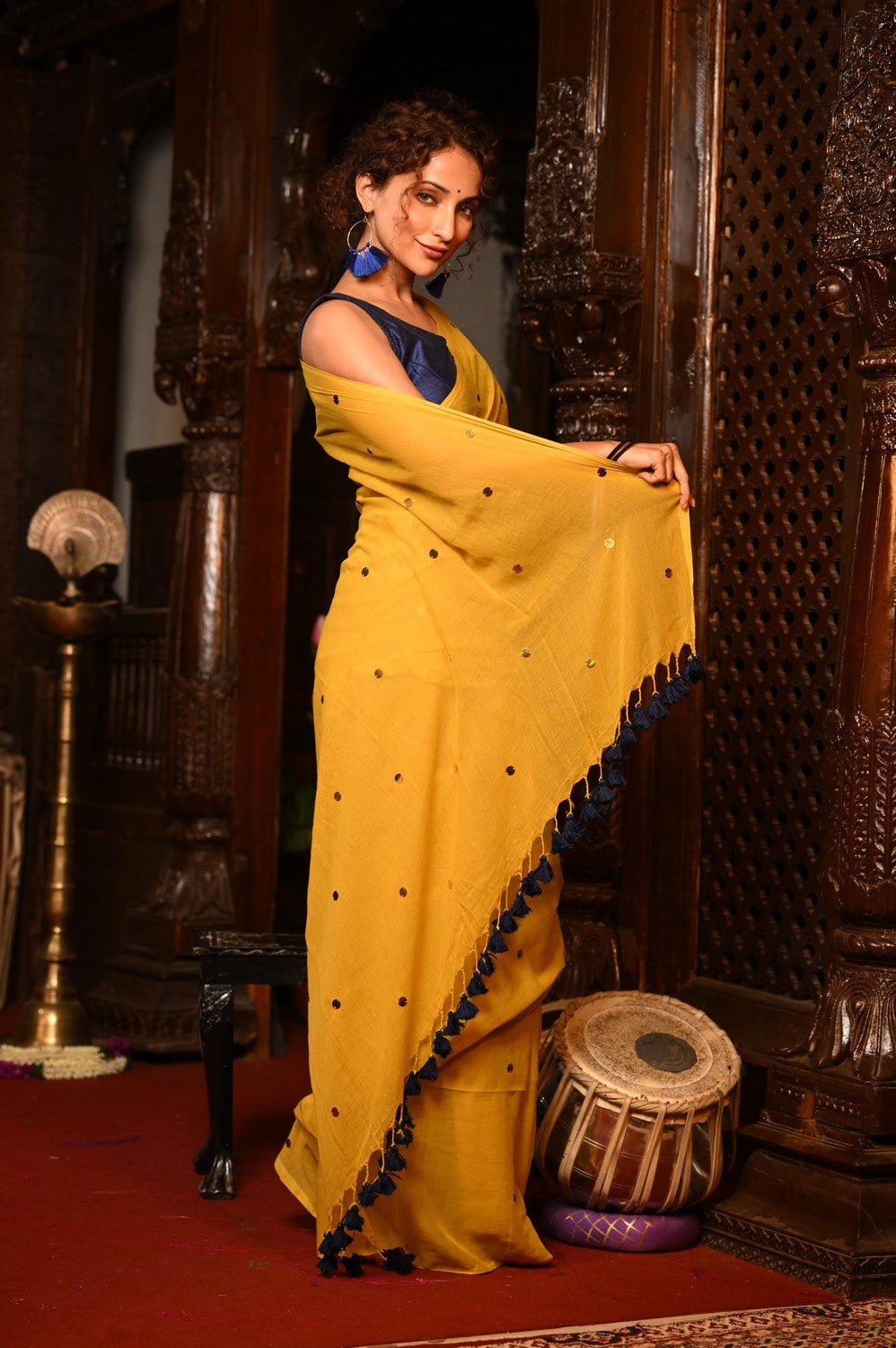 Mahalakshmi ~ Pure Mul Cotton Handloom Saree with Sequin ~ Yellow - verymuchindian.com
