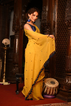 Mahalakshmi ~ Pure Mul Cotton Handloom Saree with Sequin ~ Yellow - verymuchindian.com