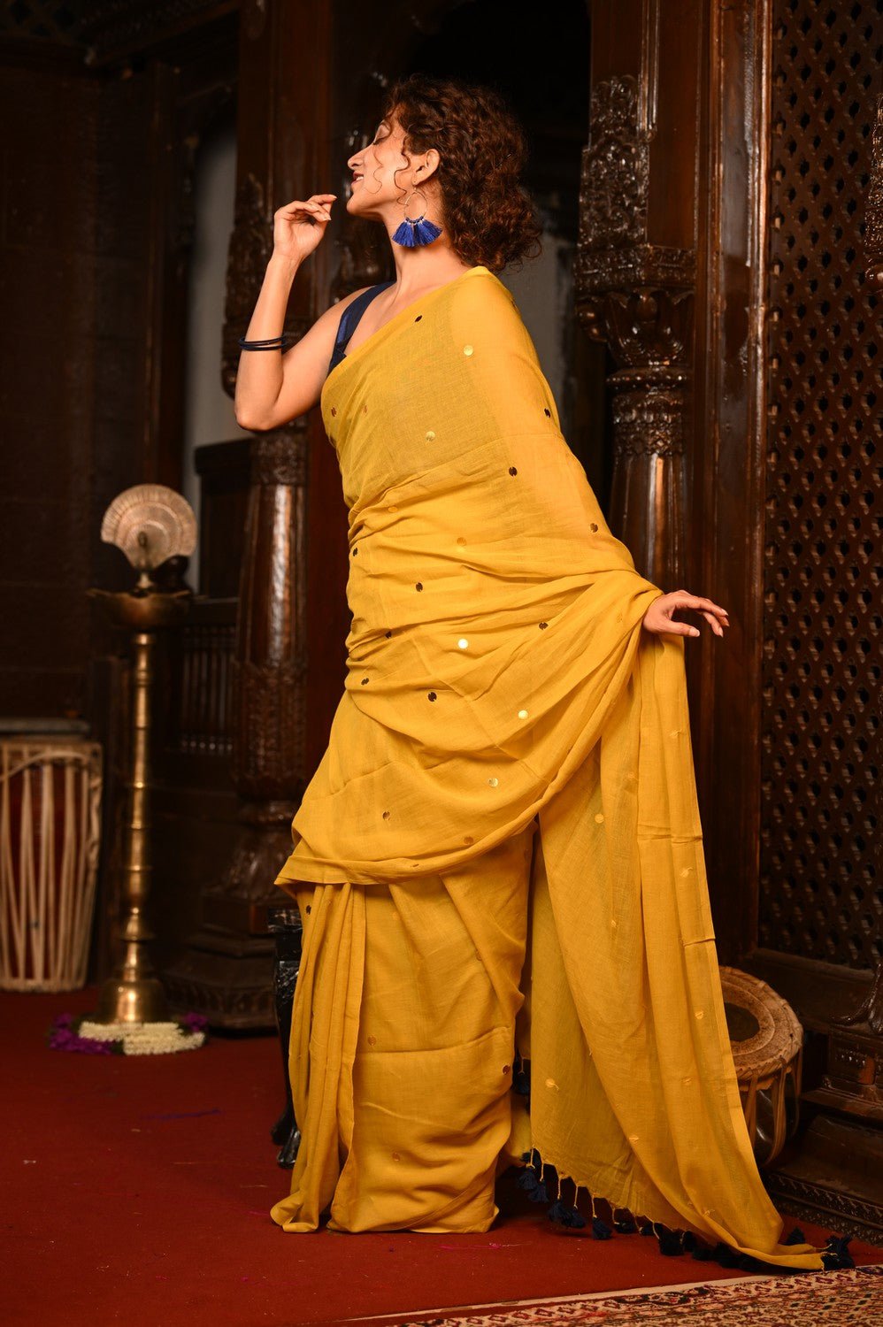 Mahalakshmi ~ Pure Mul Cotton Handloom Saree with Sequin ~ Yellow - verymuchindian.com