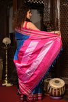 Mahalakshmi ~ Traditional Handloom Blue Ilkal Cotton Viscose with Pink Pallu - verymuchindian.com