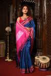 Mahalakshmi ~ Traditional Handloom Blue Ilkal Cotton Viscose with Pink Pallu - verymuchindian.com