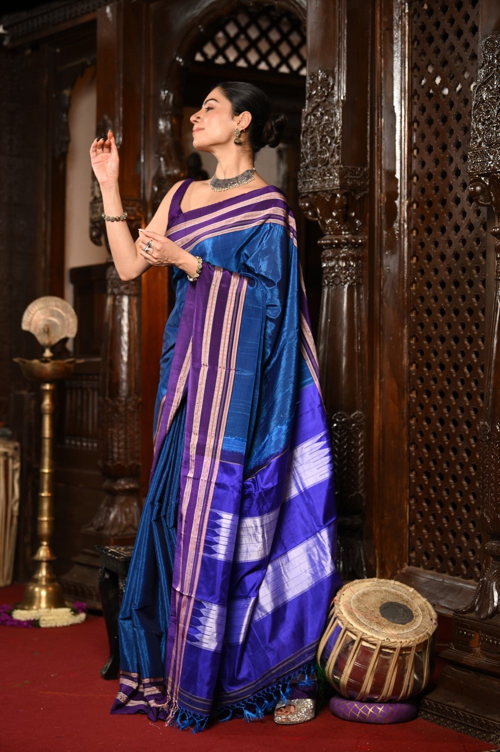 Mahalakshmi ~ Traditional Handloom Blue Ilkal Cotton Viscose with Purple Pallu - verymuchindian.com