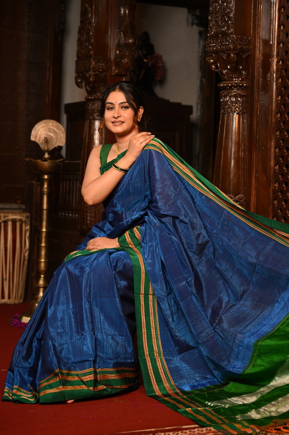 Mahalakshmi ~ Traditional Handloom Blue Ilkal Cotton Viscose with Royal Green Pallu - verymuchindian.com