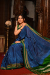 Mahalakshmi ~ Traditional Handloom Blue Ilkal Cotton Viscose with Royal Green Pallu - verymuchindian.com