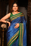 Mahalakshmi ~ Traditional Handloom Blue Ilkal Cotton Viscose with Royal Green Pallu - verymuchindian.com