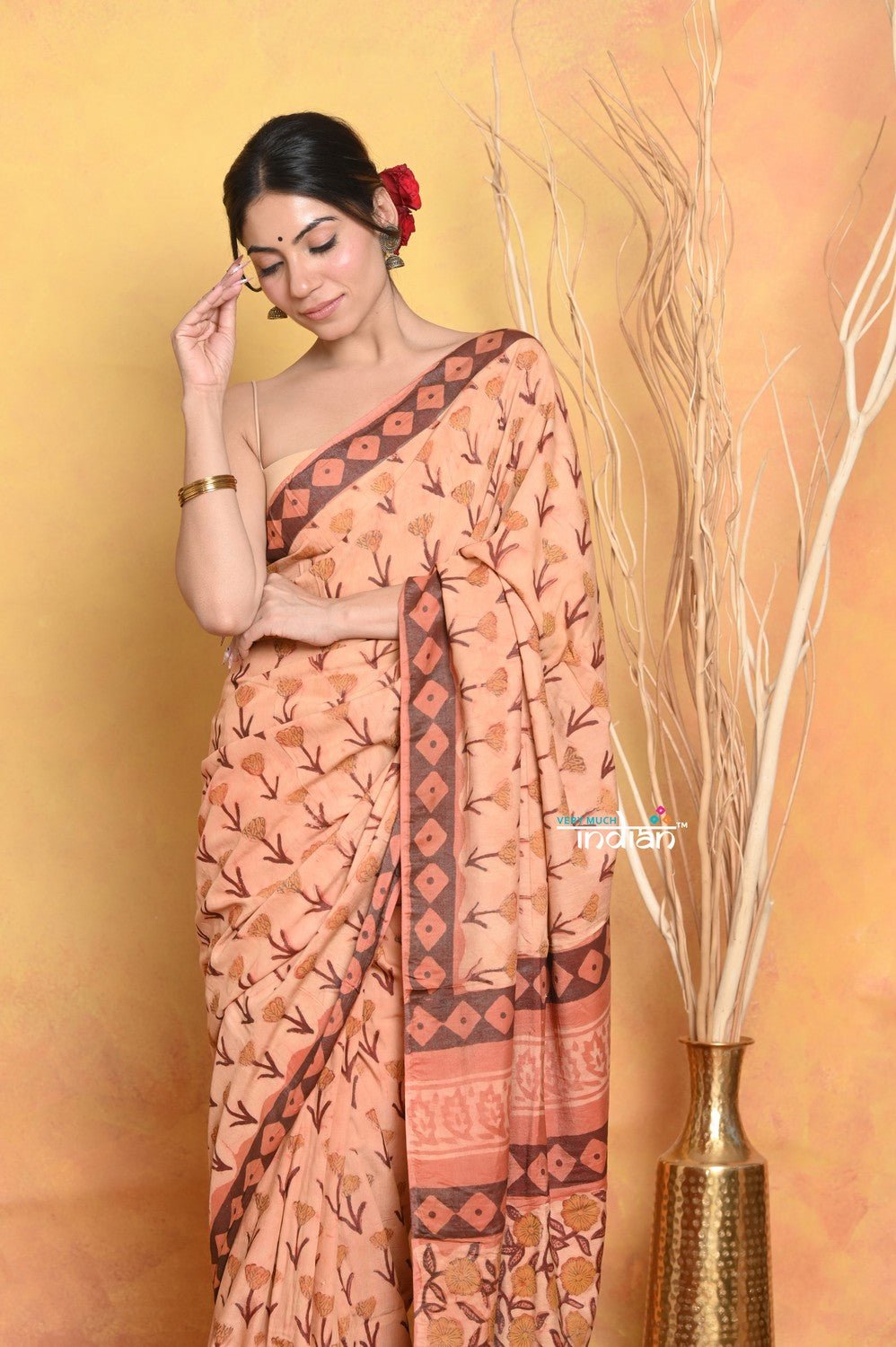 Mastaani ~ Designer Modal Silk Saree With With Beautiful Floral Print - Light Orange - verymuchindian.com