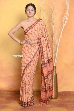 Mastaani ~ Designer Modal Silk Saree With With Beautiful Floral Print - Light Orange - verymuchindian.com