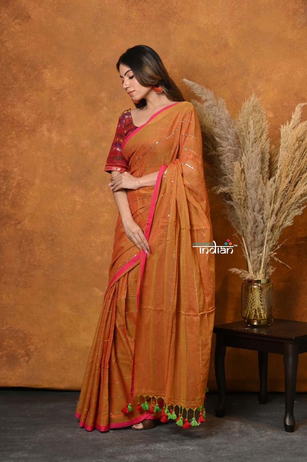 Mastaani ~ Designer Mul Cotton Handloom Saree with Sequins - Orange - verymuchindian.com
