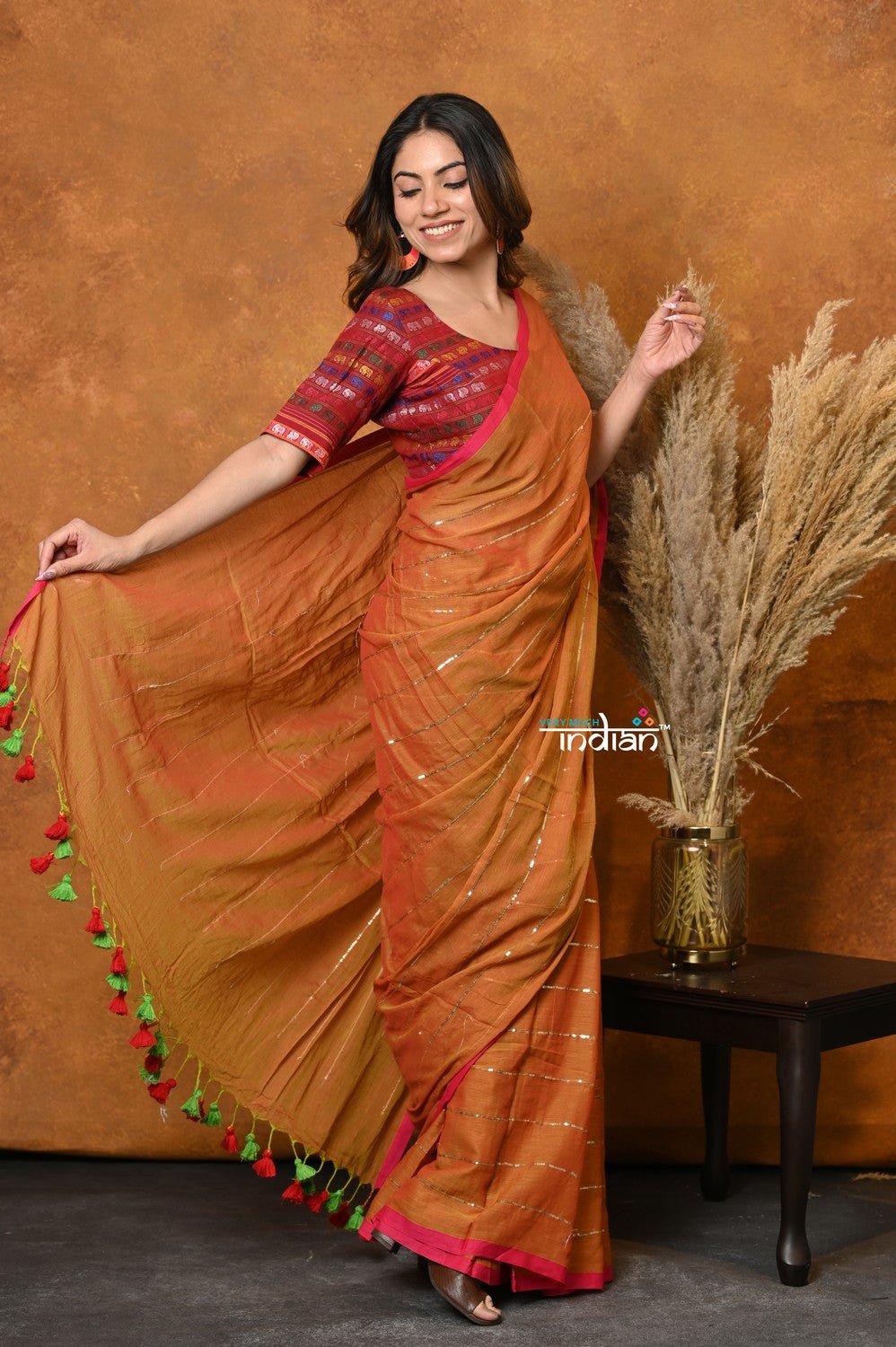 Mastaani ~ Designer Mul Cotton Handloom Saree with Sequins - Orange - verymuchindian.com