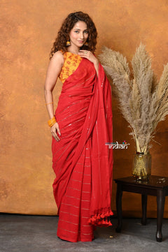 Mastaani ~ Designer Mul Cotton Handloom Saree with Sequins - Red - verymuchindian.com