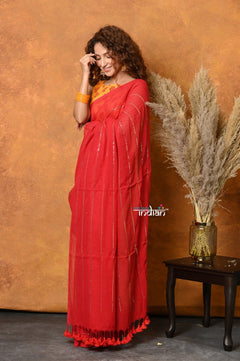 Mastaani ~ Designer Mul Cotton Handloom Saree with Sequins - Red - verymuchindian.com
