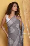Mastaani ~ Handblock Printed Cotton Saree With Natural Dyes - Grey - verymuchindian.com