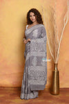 Mastaani ~ Handblock Printed Cotton Saree With Natural Dyes - Grey - verymuchindian.com