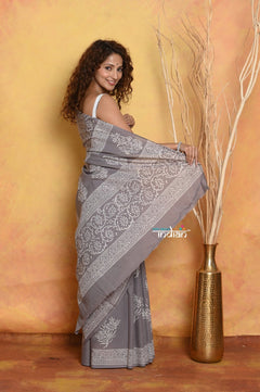 Mastaani ~ Handblock Printed Cotton Saree With Natural Dyes - Grey - verymuchindian.com