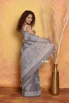 Mastaani ~ Handblock Printed Cotton Saree With Natural Dyes - Grey - verymuchindian.com