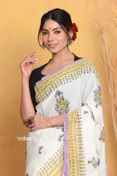 Mastaani ~ Handblock Printed Cotton Saree With Natural Dyes - White - verymuchindian.com