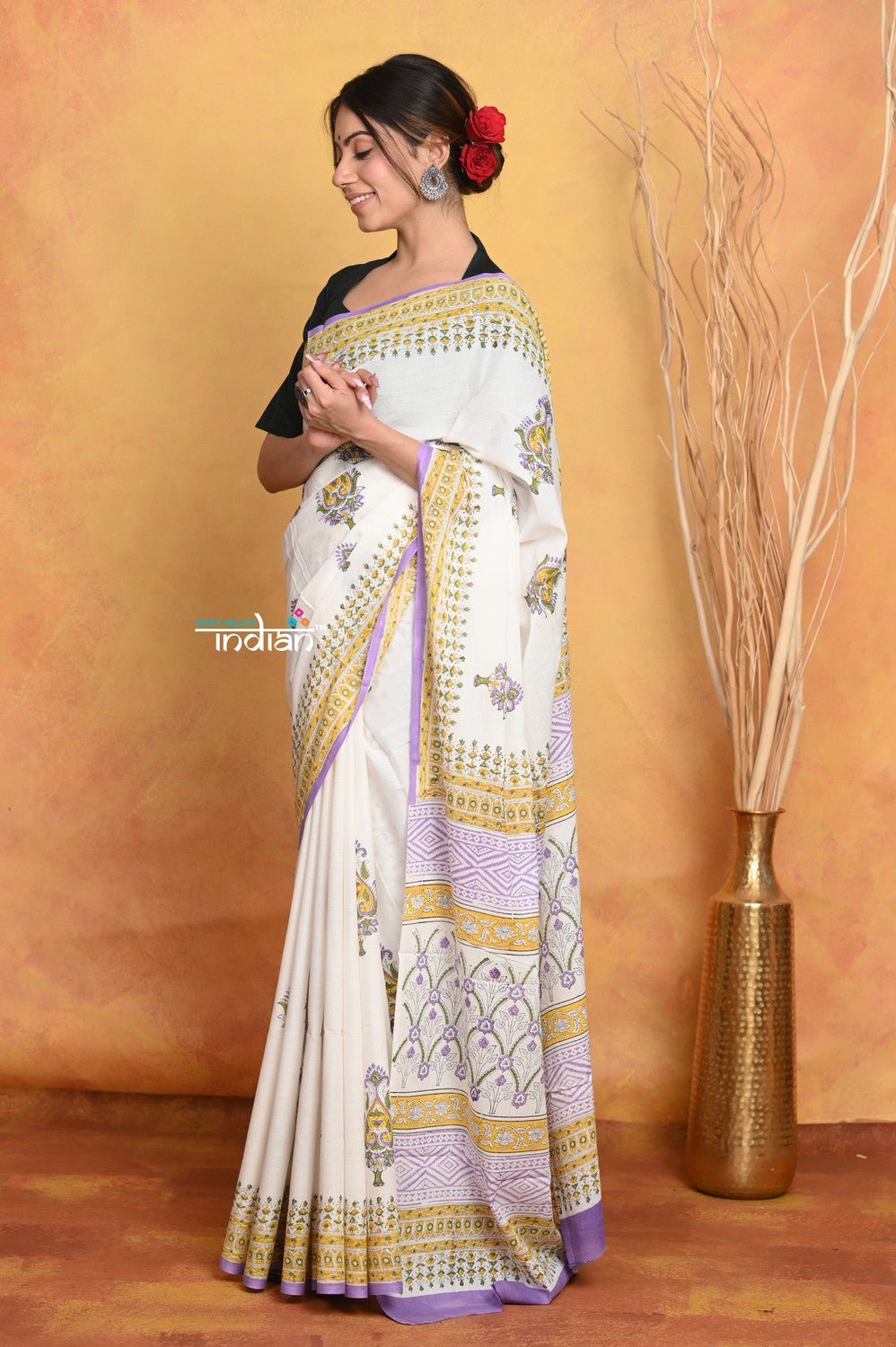 Mastaani ~ Handblock Printed Cotton Saree With Natural Dyes - White - verymuchindian.com