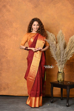 Mastaani ~ Handloom Pure Cotton Linen Saree With Golden Border - Red - verymuchindian.com