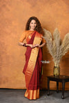 Mastaani ~ Handloom Pure Cotton Linen Saree With Golden Border - Red - verymuchindian.com