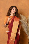 Mastaani ~ Handloom Pure Cotton Linen Saree With Golden Border - Red - verymuchindian.com