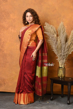 Mastaani ~ Handloom Pure Cotton Linen Saree With Golden Border - Red - verymuchindian.com