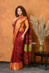 Mastaani ~ Handloom Pure Cotton Linen Saree With Golden Border - Red - verymuchindian.com