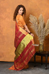 Mastaani ~ Handloom Pure Cotton Linen Saree With Golden Border - Red - verymuchindian.com
