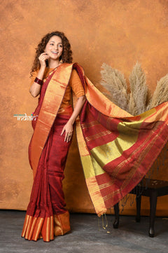 Mastaani ~ Handloom Pure Cotton Linen Saree With Golden Border - Red - verymuchindian.com