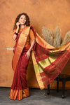 Mastaani ~ Handloom Pure Cotton Linen Saree With Golden Border - Red - verymuchindian.com
