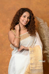 Mastaani ~ Handloom Pure Cotton Linen Saree With Golden Border - White - verymuchindian.com