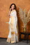 Mastaani ~ Handloom Pure Cotton Linen Saree With Golden Border - White - verymuchindian.com