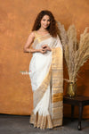 Mastaani ~ Handloom Pure Cotton Linen Saree With Golden Border - White - verymuchindian.com