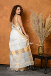 Mastaani ~ Handloom Pure Cotton Linen Saree With Golden Border - White - verymuchindian.com