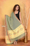 Mastaani ~ Handloom Pure Cotton Paithani Dupatta With Beautiful Handweave and Tassels ~ Mehndi Green - verymuchindian.com