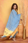 Mastaani ~ Handloom Pure Cotton Paithani Dupatta With Beautiful Handweave and Tassels ~ Powder Blue - verymuchindian.com