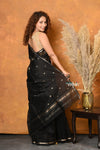 Mastaani ~ Handloom Pure Cotton Silk Saree With Sleek Golden Border - Black - verymuchindian.com