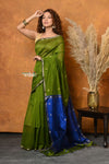 Mastaani ~ Handloom Pure Cotton Silk Saree With Sleek Golden Border - Green - verymuchindian.com