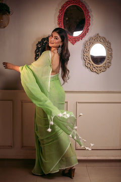 Mastaani ~ Pure Mul Cotton Handloom Saree - Sage Green - verymuchindian.com