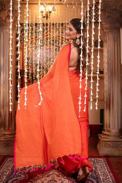 Mastaani ~ Pure Mul Cotton Handloom Saree - Saphire Orange - verymuchindian.com