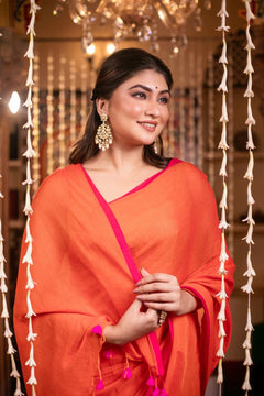 Mastaani ~ Pure Mul Cotton Handloom Saree - Saphire Orange - verymuchindian.com